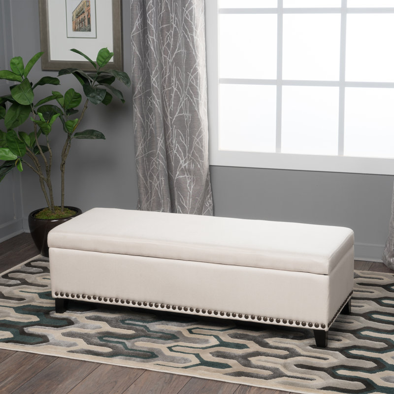  Upholstered Storage Ottoman Bench with Nailhead Trim, Entryway or Bedroom Seating, Beige