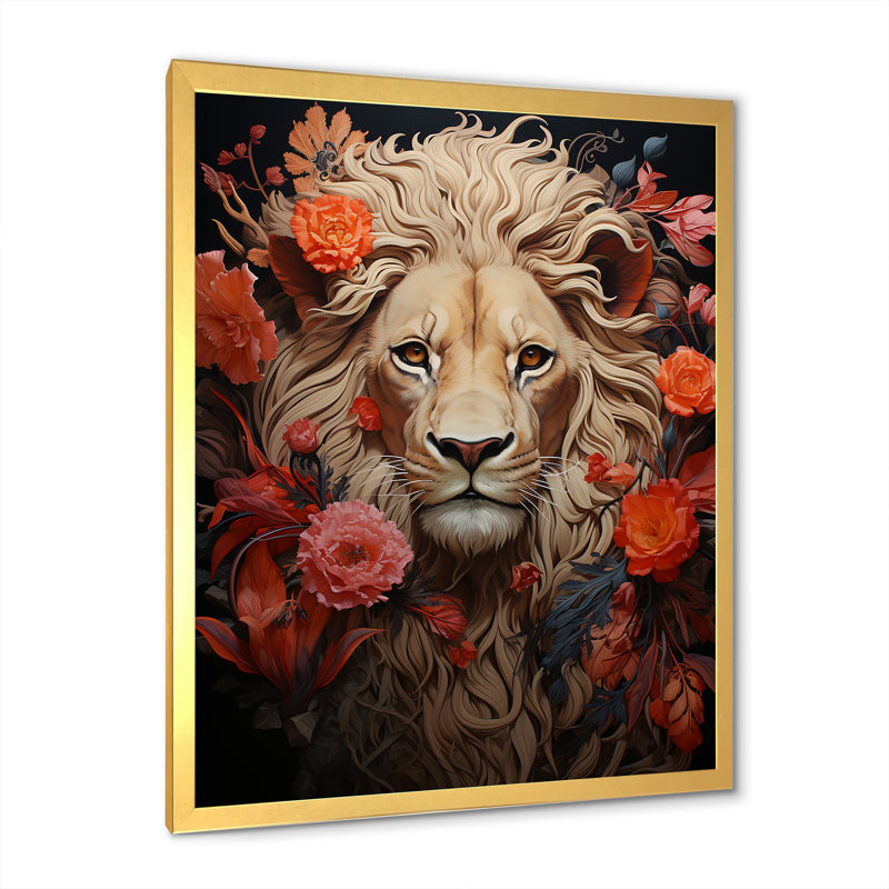 «Fierce Guardian Blooming Lion», reproduction d'art sur toile, Cadre doré simple, H 44 po x l 34 po x P 1,5 po