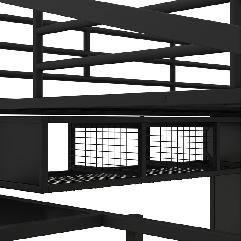 Lit mezzanine en métal avec table et garde-robe, double, conception noire, construction stable, nombreuses possibilités de rangement, méthodes d'assemblage sans effort, construction complète et contemporaine, cadre robuste, choix abondants,