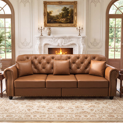 82.6" Mid-Century Modern Chesterfield Tufted Sofa Upholstered Faux Leather 3-Seater Couch With Ottoman And 3 Pillows