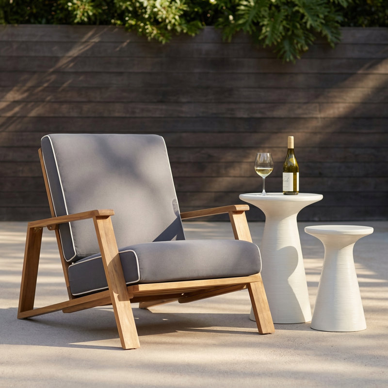Nubieber Acacia Outdoor Lounge Chair, Dark Gray Polyester Cushion/Teak Frame