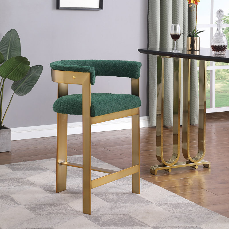 Tabouret de comptoir 26 po Romeo, Tissu bouclé vert, Or brossé