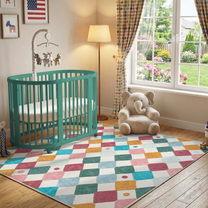 Colorful Diamond for Kids Washable Non-slip Rug, Argyle Confetti, Square 6'