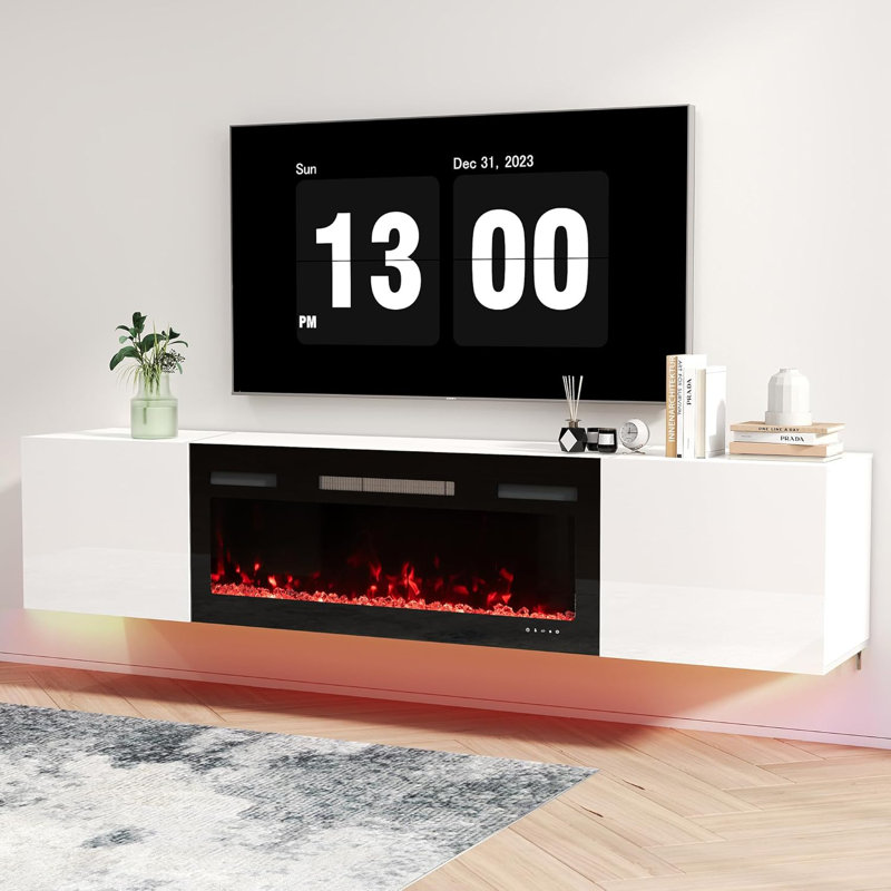 70 in. Floating TV Stand with Electric Fireplace and LED Lights for TVs up to 80 in. Entertainment Center, White