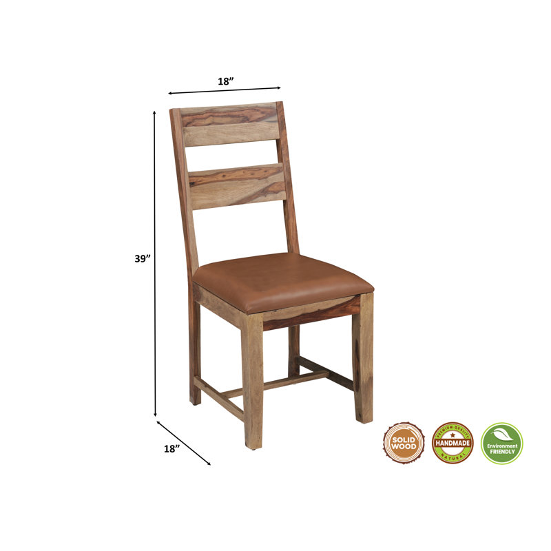 Chaises de salle à manger Chaliyah en bois massif et cuir véritable, 99 cm (39 po), couleur brun clair (ensemble de 2), Brown