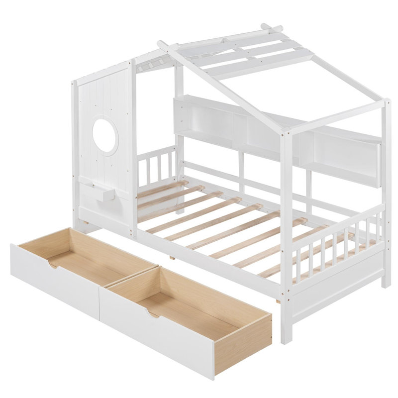 Lit pour enfant avec tablette de rangement, lit simple en bois avec 2 tiroirs, Blanc