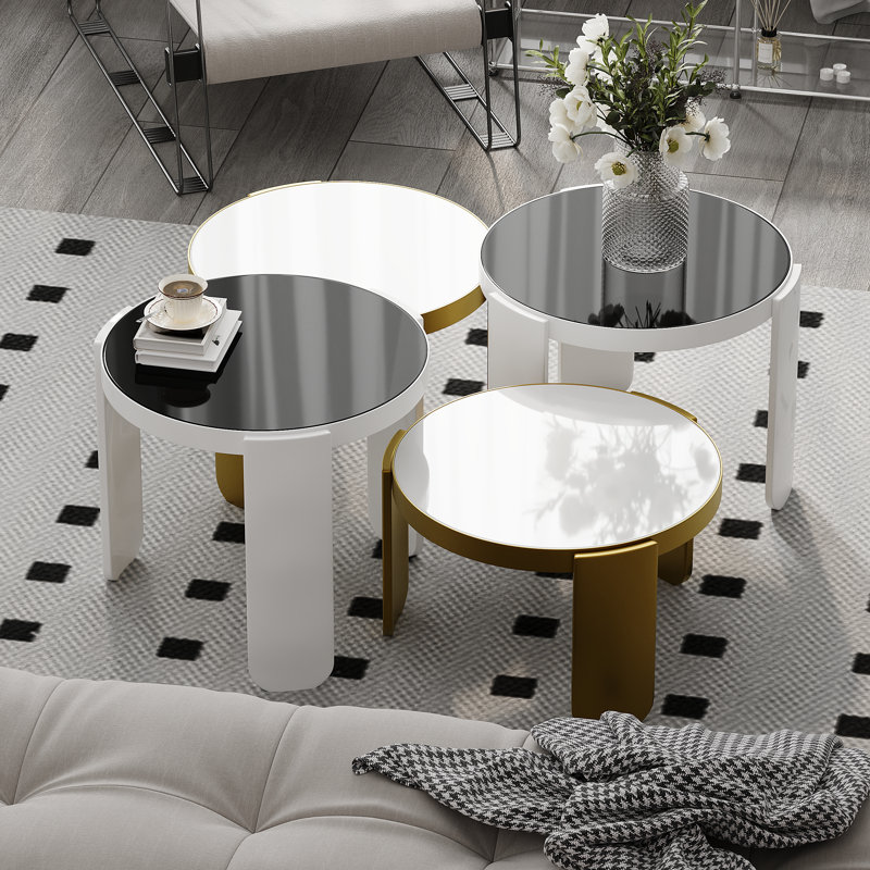 4-In-1 Gold Nesting Coffee Table With Tempered Glass Top And Brushed Metal Base, White/Gold