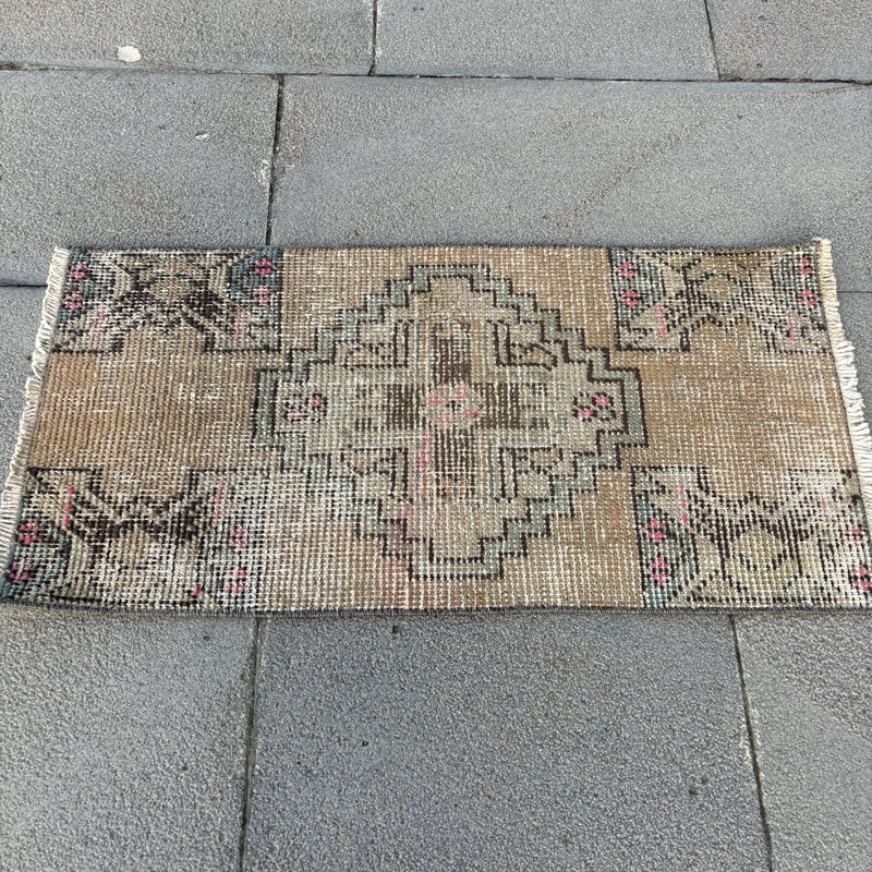 Authentic Vintage Turkish Hand-Knotted Wool Rug in Beige for Entryway Decor