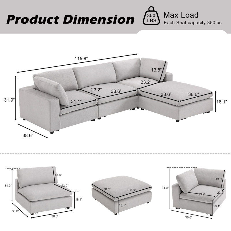 Nuccio 4-Piece Minimalist Modern Soft-Upholstered Sectional With Ottoman, Light Gray Chenille