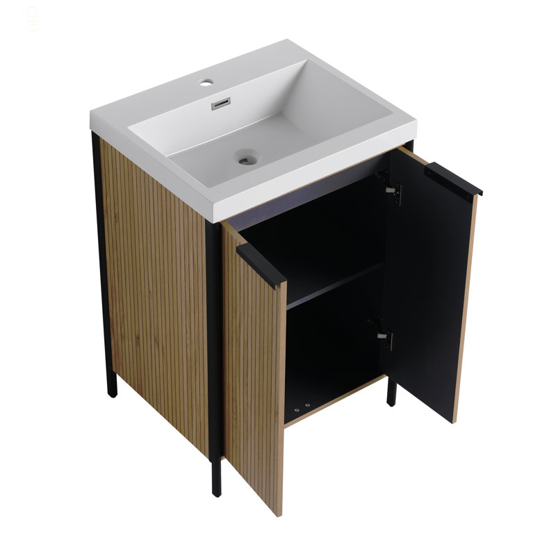 Meuble-lavabo autoportant 24 po avec lavabo en résine et 2 portes d'armoire à fermeture en douceur (emballage KD)