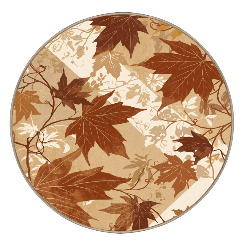 Machine Washable Ottwell Vine Maple Garden Floral Rug in Brown – Beige Binding, 3' Round