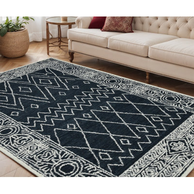 Tapis crocheté à la main 5 pi x 8 pi en laine gris anthracite et ivoire Southwestern