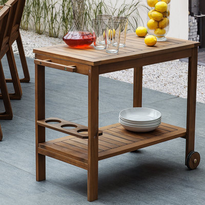Cray Solid Wood Wicker Bar Cart with Stools