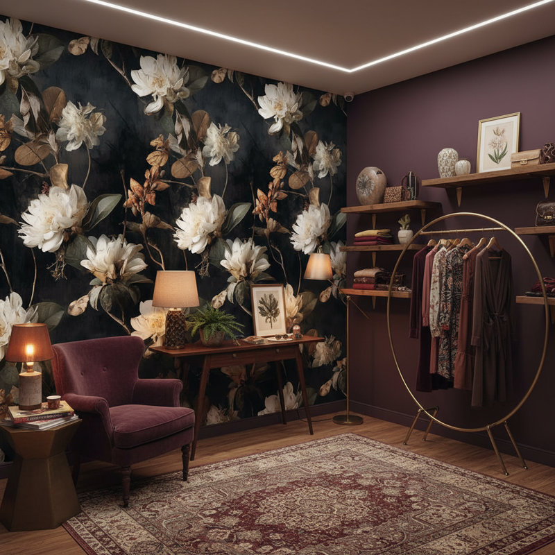 Papier peint floral, élégante murale rétro
