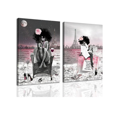 2Pcs Framed Black Girl African American Wall Art Decor Women Pink And Grey Abstract Canvas Paintings Fashion Black Woman Paintings Pictures Posters For Living Room Bedroom Bathroom Dorm (Beach Art, 16X24in(40X60xm), Framed)