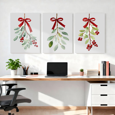 Gui avec ruban rouge sur toile tendue, ensemble de 3 reproductions de peintures à l'huile pour Noël