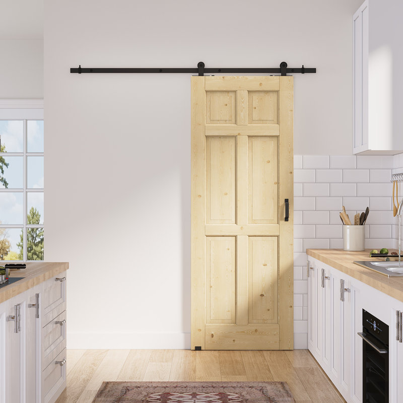 24in.x 80in.6 Panelled Pine Door Slab Unfinished Surface With All Barn Door Hardware Kit, 32in.x 80in.