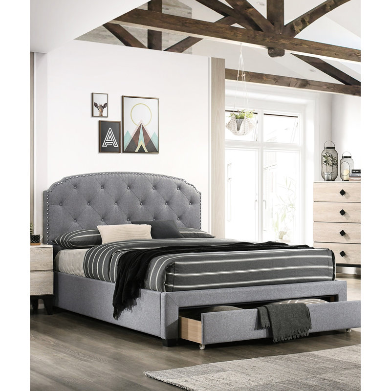 Lit simple gris en toile de jute avec tête de lit et rangement sous le lit - Compartiment rembourré de style chambre à coucher moderne