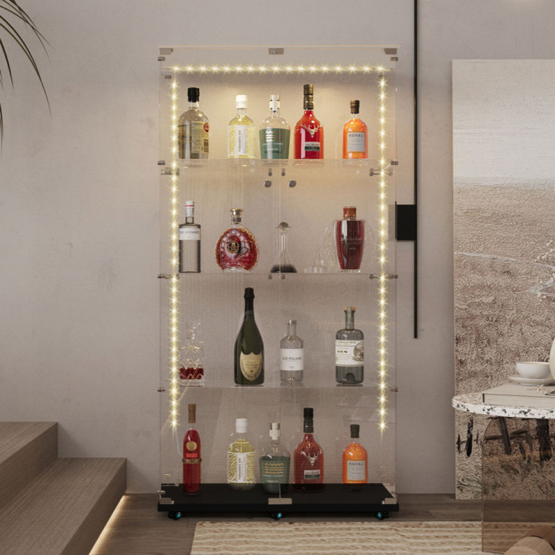 Tempered Glass Display Cabinet,Wine Cabinet, Storage Cabinet,File Cabinet,With Bluetooth LED Strip,Can Be Controlled By Remote Control Or Mobile APP,Swivel Casters,Can Be Placed Anywhere