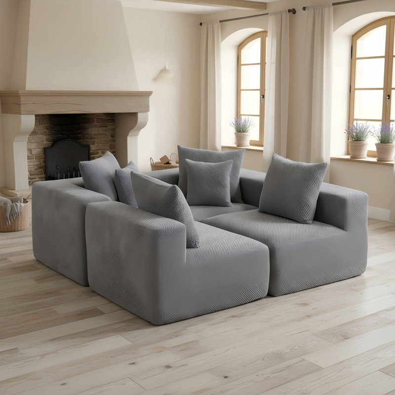 Modular Lshaped Sectional Sofa, Allfoam Deepseat Couch In Plush Textured Chenille, Includes 5 Matching Pillows, Compressed Shipping, 111" W × 74" D × 23.6" Hgrey