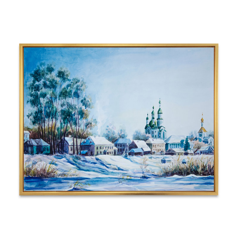 Petite ville en hiver - Cadre flottant, reproduction d'art sur toile, Encadrement doré, H 16 po x l 32 po x p 1 po
