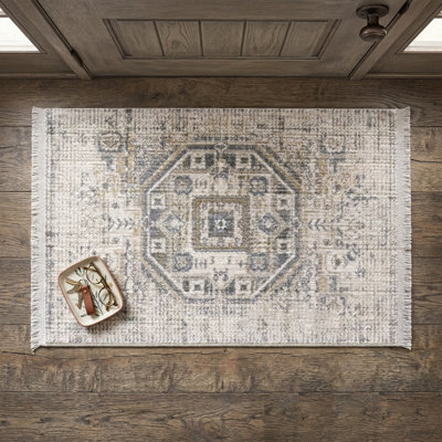 Boho Vintage Fringe Area Rug In Cream/Beige/Gray/Yellow/Blue Carpet For Living Room, Bedroom, Hallway Runner