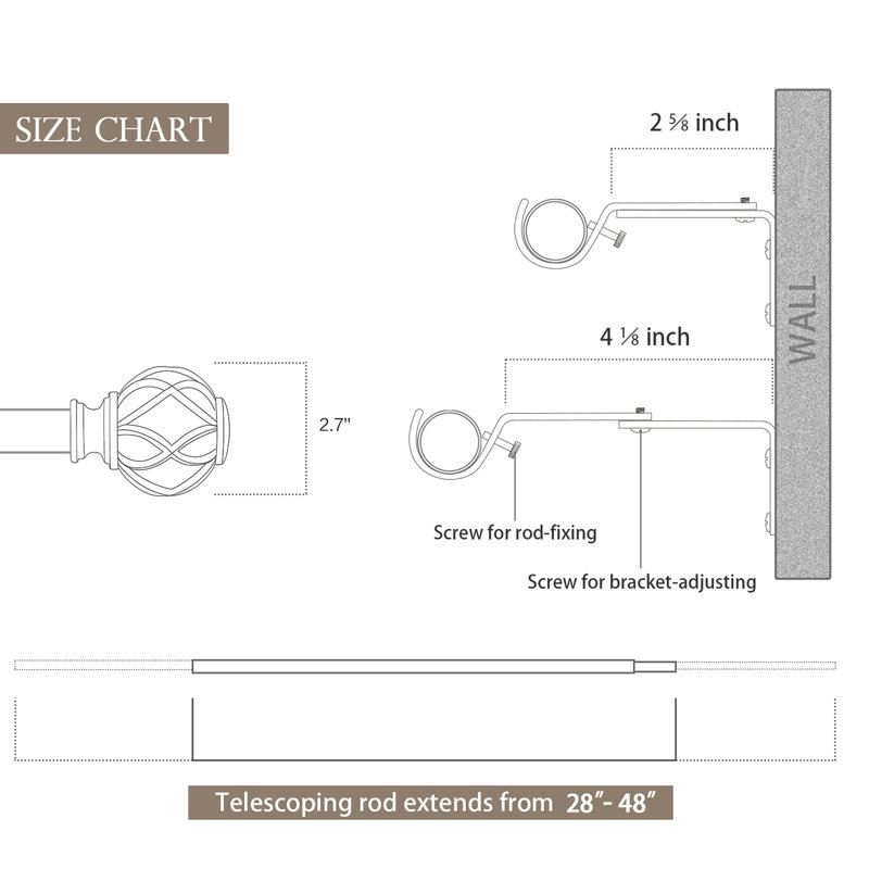Tringle à rideaux simple réglable 1 po Saniyah, Argent, 28" - 48"
