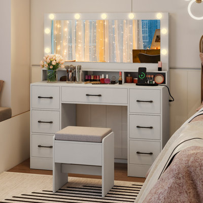 Vanity Desk w/Mirror & Lights Power Outlets 3 Color Lighting Modes 7 Drawers