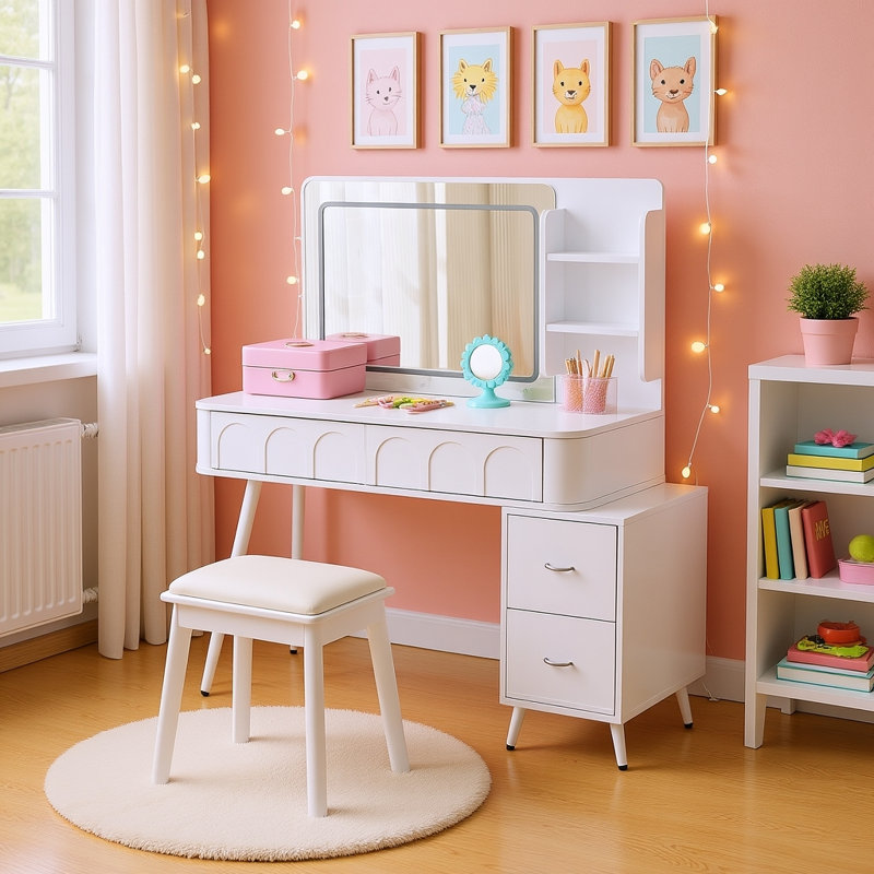 Modern Makeup Vanity with 3-Color LED Lighted Mirror, Adjustable Side Cabinet, 4 Drawers & Stool