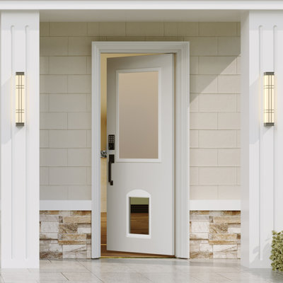 Dalle de porte d'entrée avec verre givré et porte magnétique pour animaux - Bois massif, serrure à clavier avec clé de secours
