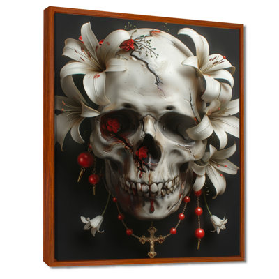 Fleur blanche et rouge, crâne et fleurs - art mural Skullwall