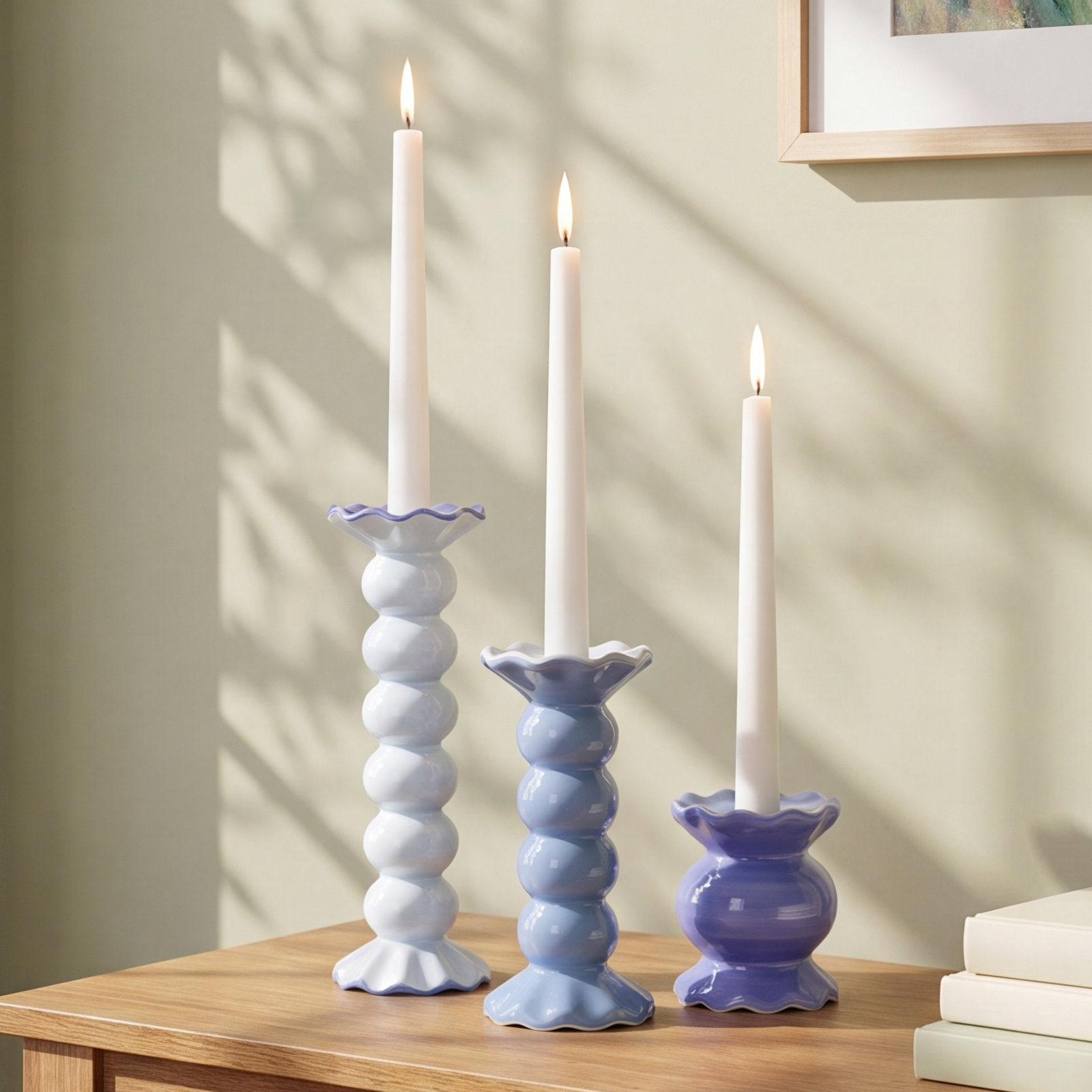 Iris Blue Ruffle 3-Piece Candlestick Set