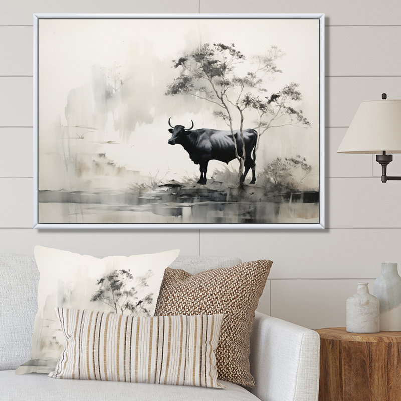 Art asiatique, vache Sumi xiv - impression, Cadre flottant blanc, H 34 po x l 44 po x P 1,5 po