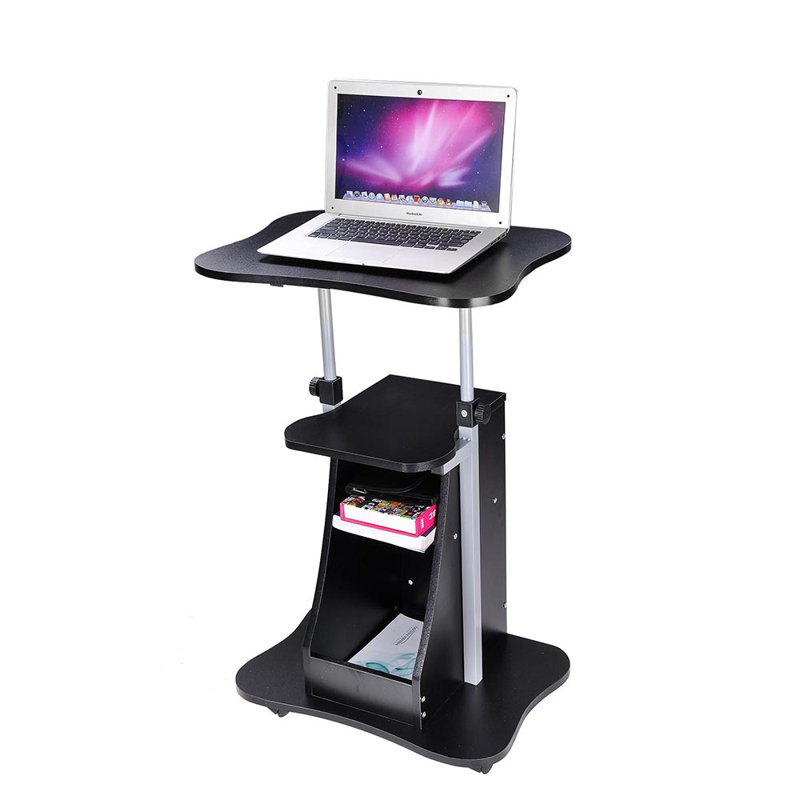 Black Adjustable Height Mobile Laptop Cart with Drawer