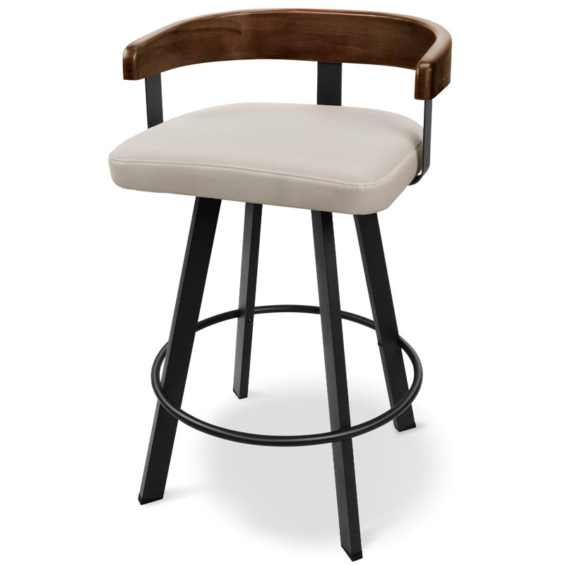 Tabouret de comptoir pivotant de 26 po avec dossier en bois de noyer massif et siège rembourré, Noir, Siège gris clair