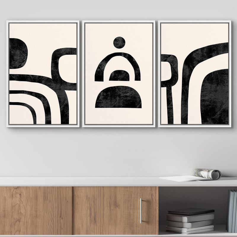 Noir et brun clair, demi-cercle, formes géométriques, art numérique, style Mid-Century, détente / calme, H 36 po x l 72 po
