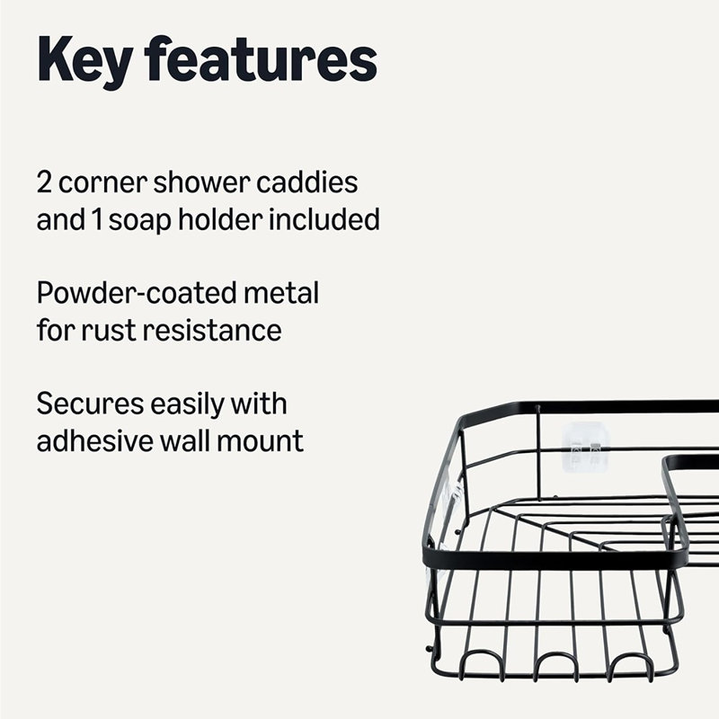 Amazon Basics Corner Shower Caddy Organizer - Black - Stainless Steel, 3-Pack Set