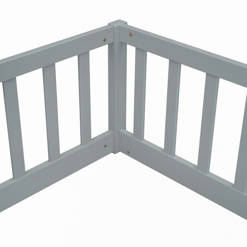 Double Twin Floor Bed With Fence, Guardrails, Grey