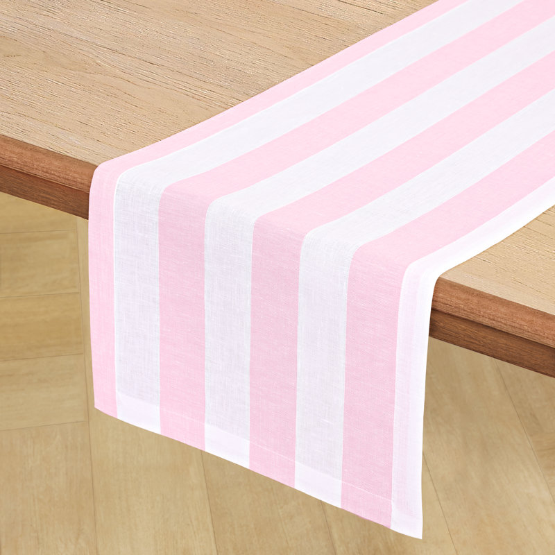 Cabana Stripe - 100% Pure Linen Table Runner, 132" x 14", Cherry Blossom/White