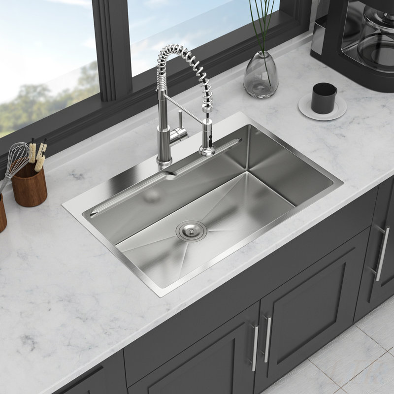 33 Inch Drop-in Kitchen Sink - Single Bowl 16 Gauge Stainless Steel Ledge Workstation for Efficient Meal Prep and Cleanup