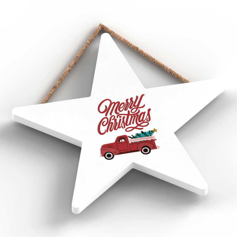 Xmas Merry Christmas Truck Wooden Star Plaque