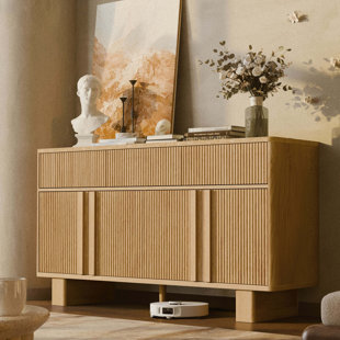 Fluted Buffet Cabinet with 3 Doors & 3 Drawers, 47” Wide Modern Sideboard with Faux Marble Top, Rounded Corners, Storage for Dining Room, Living Room, Hallway