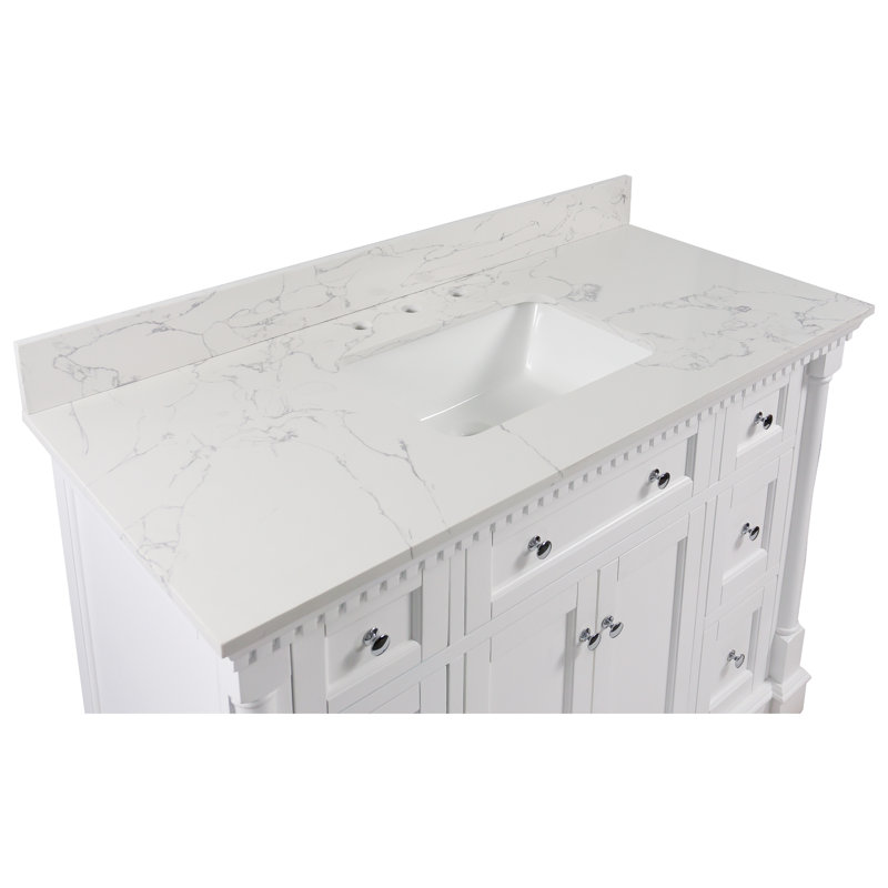 Fossen 48" Single Bathroom Vanity with White Cabinet and Engineered Marble Countertop, White, Engineered Marble