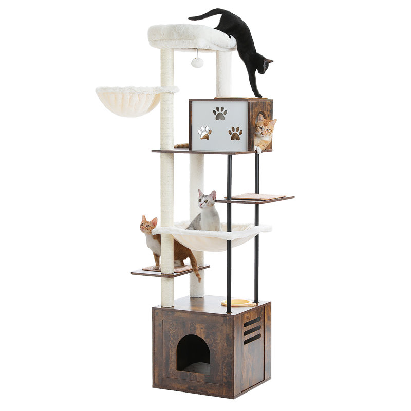 Arbre à chat 75 pouces en bois moderne avec plateformes multi-niveaux, condos pour chat, nid supérieur, hamacs et poteaux à griffer