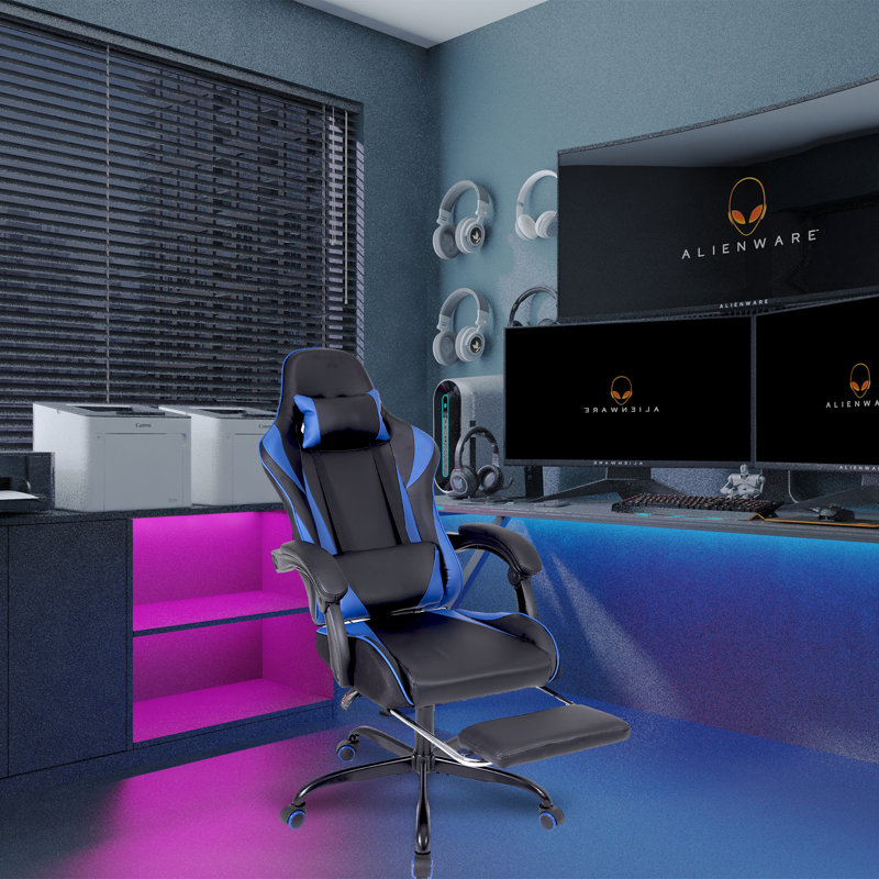Ergonomic Gaming Chair Faux Leather Reclining  Swiveling PC & Racing Massage Video Game Chair with Footrest, Blue/Black