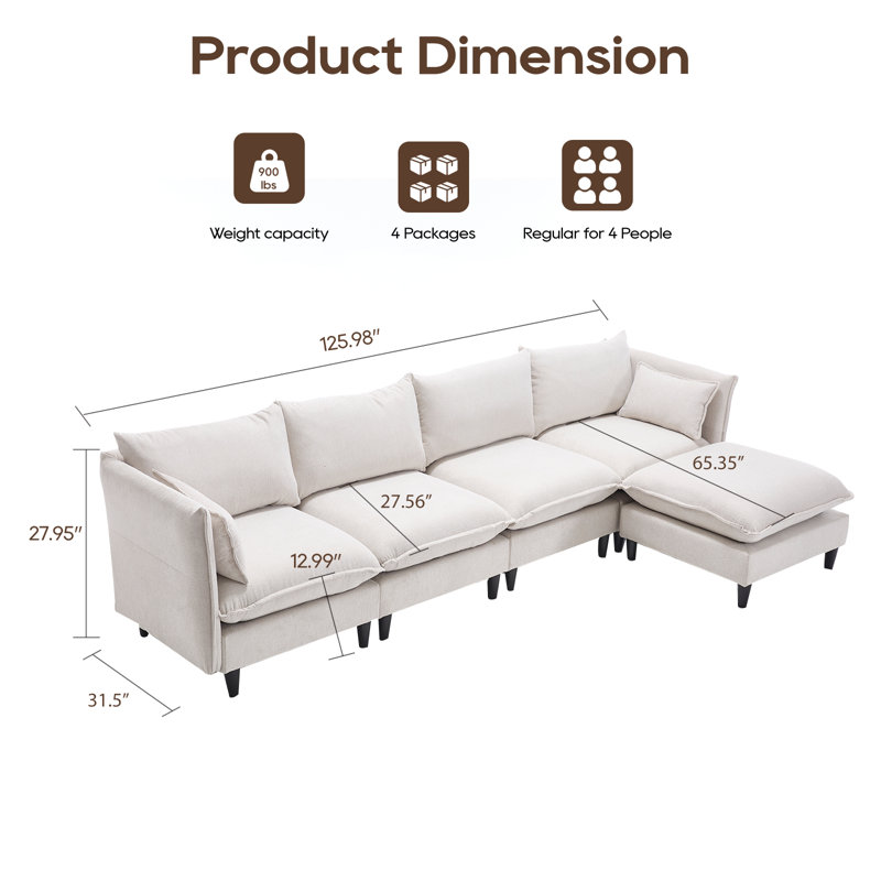 Tatum Modular Sectional Sofa with Movable Ottoman, Beige Fabric