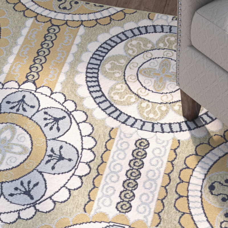 Tapis intérieur/extérieur bleu/jaune floral Lewis, Rectangle l 9 pi 3 po x L 12 pi 9 po