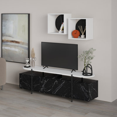 Modern TV Unit with Wall Shelf (2 Pieces), Black & White, 63.0 x 19.0 x 14.0 inches | 100% Melamine Coated Particle Board, Thickness: 0.7 inches | Soft-Close Hinges, Stylish Design, Wall-Mountable, Ample Storage