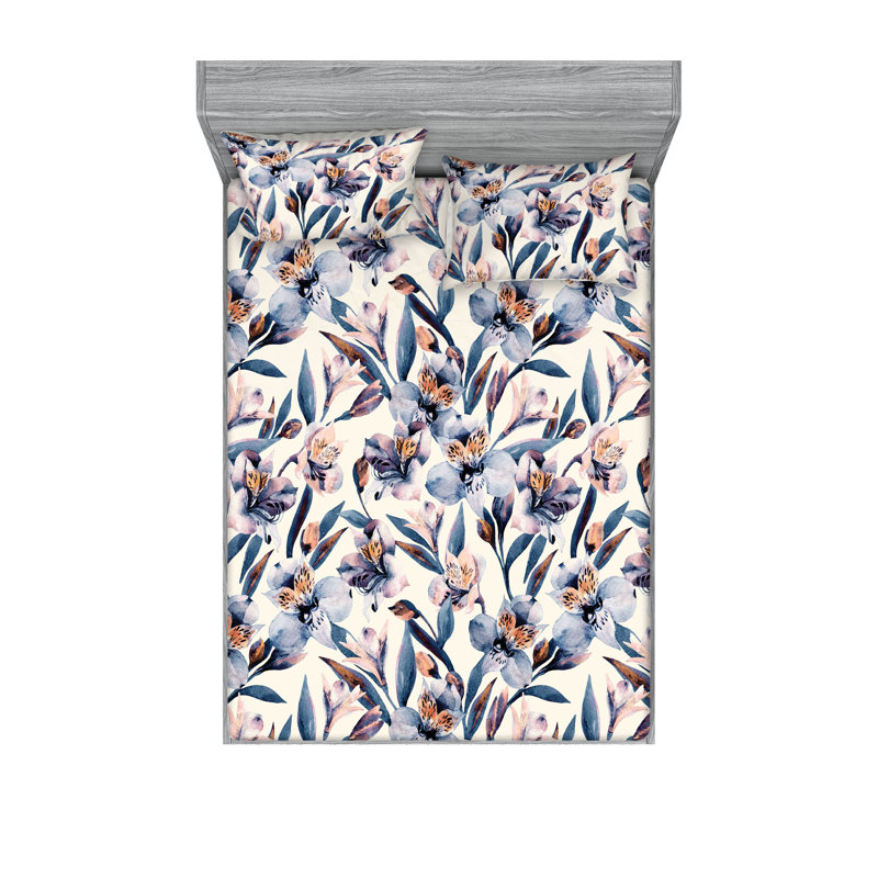 Drap-housse et taies décoratives 3 pièces Ambesonne, Lavande, bleu pâle, orange / floral