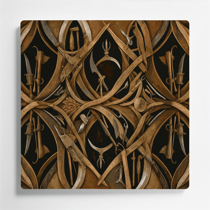 Farm Tool Pattern Border Brown Metal Wall Art, 8" H x 8" W